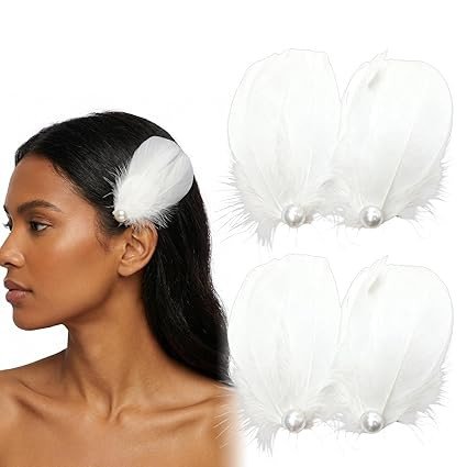 4 Pcs Pearl Hair Clips, Elegant Feather Hair Accessories for Weddings and Special Events, Swan Lake Inspired Hair Clips with White Feathers
