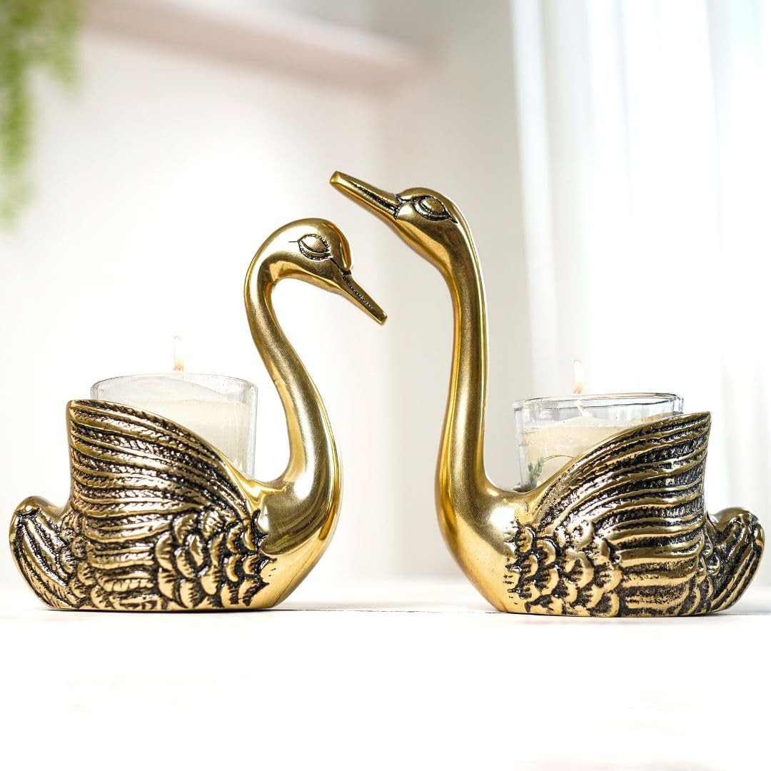 BEHOMA Aluminium Pair of Swans with Gift Box for Good Luck | Feng Shui Love Gifts Candle Holder for Home Decor Living Room | Showpiece Anniversary Wedding Gifts for Couple (Candles not Included) Gold