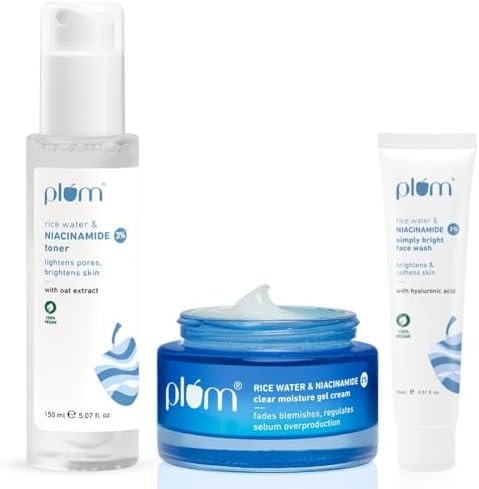 Plum Niacinamide Skincare Combo – 3% Toner (150ml) + 2% Moisturizer (50gm) + Free Rice Water Face Wash | Fades Blemishes, Brightens Skin & Oil-Free Hydration | For All Skin Types, Women & Men