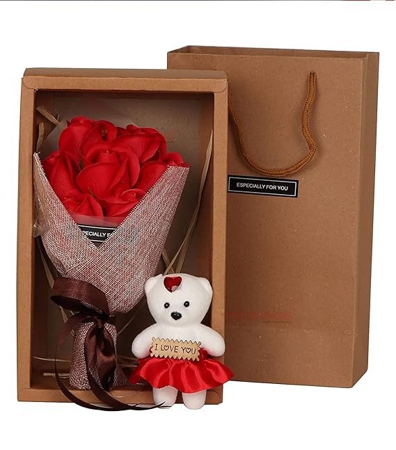TIED RIBBONS Valentine Gift for Girlfriend Boyfriend Husband Wife Men Women Girls Boys / Special Artificial Red 7 Roses Flower Bouquet with Mini Teddy Bear (30 cm x 8.2 cm),Silk