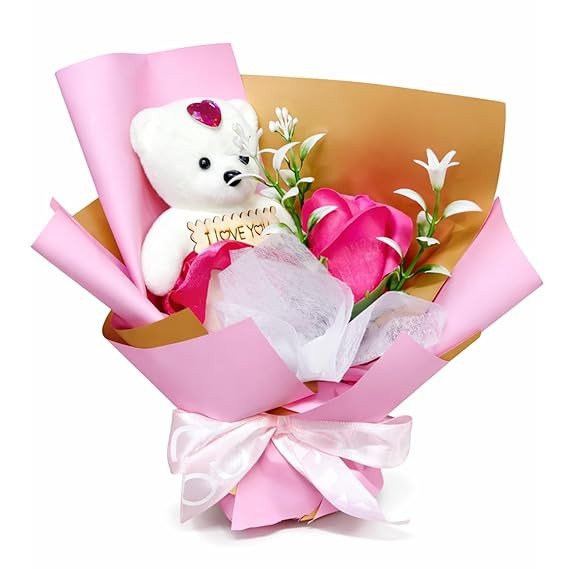 Rozi Decoration Teddy Bear Rose Bouquet Gift, Wrapped Artificial Flower Bouquet with Soft Teddy, Valentine Day Gift Box Alternative for Her, Romantic Gift for Girlfriend, Wife & Proposal