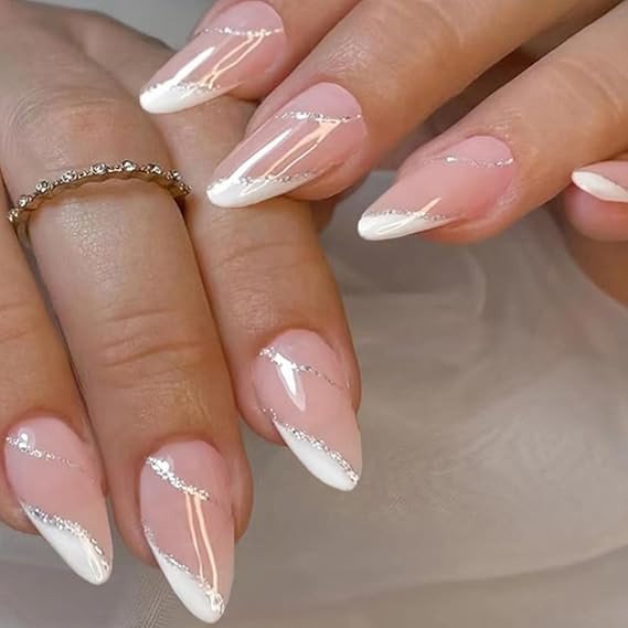 Glossy Reusable Artificial Almond Shape Light Pink Color with White Tip & Silverish Glitter Strips Design Press on nails 24 Pieces Set with Kit