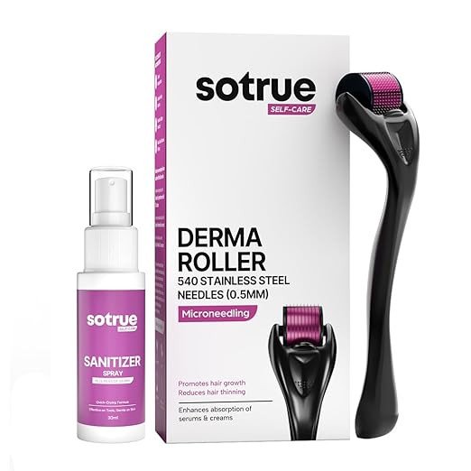 Sotrue Derma Roller 0.5mm with Sanitizer | 540 Stainless Steel Needles | Derma Roller for Hair Growth & Thickening, Repair Damages and Activates Hair Follicles, Reduces Acne Scars (Black)