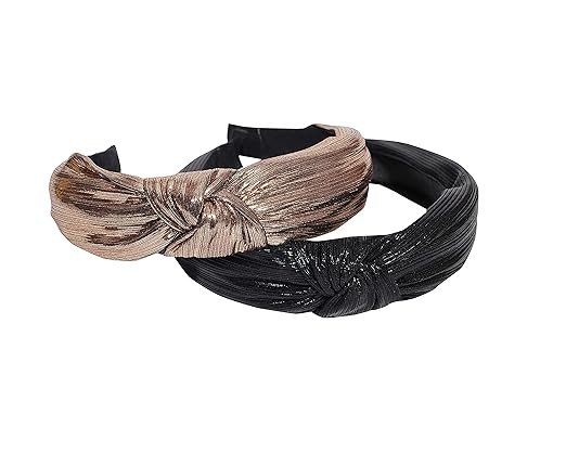 Vogue Hair Accessories Solid Shimmer Fabric Knot Plastic Hairband Headband for Girls and Women (Shimmer Brown & Black)