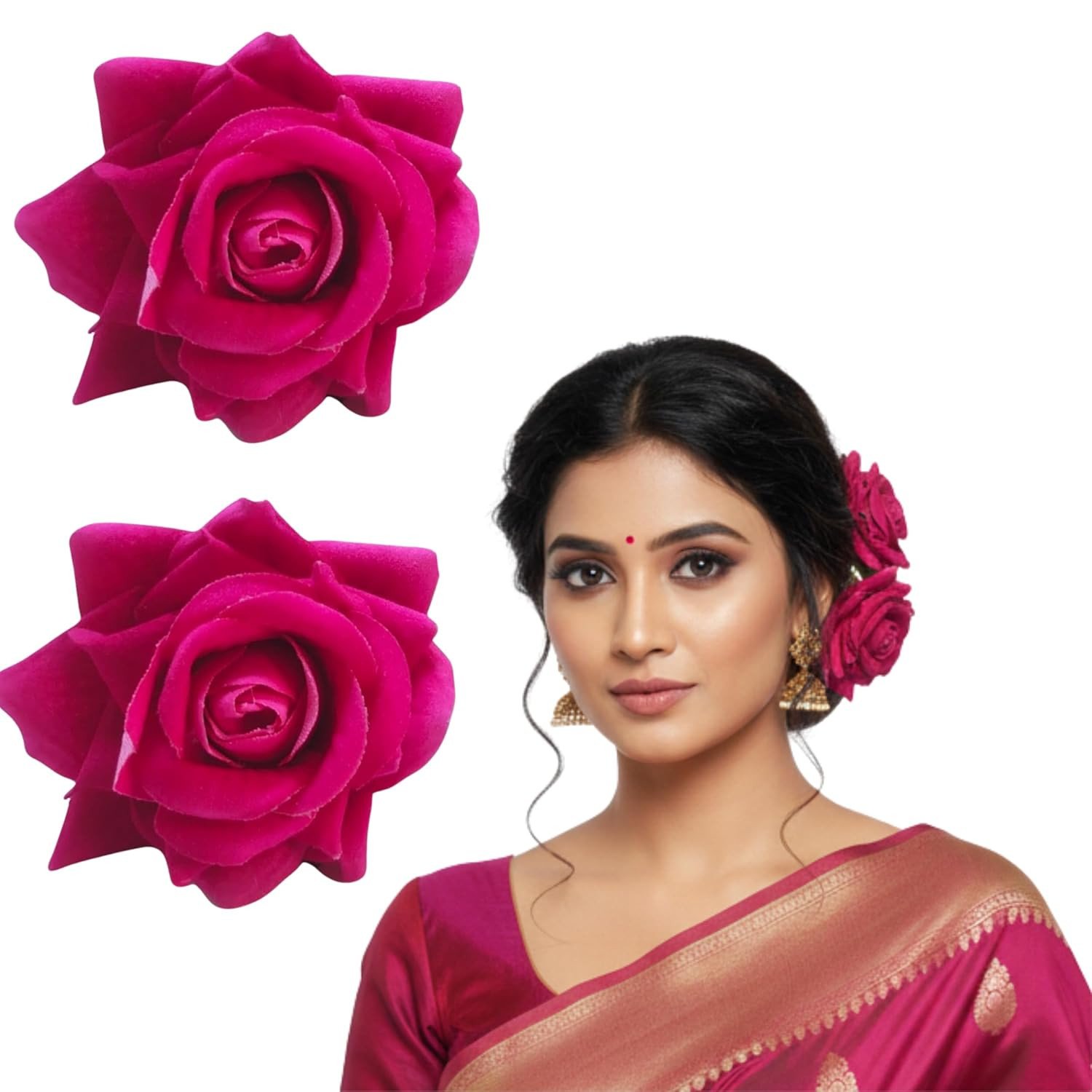 Handmade Bride Dark Pink Rose Floral Juda Pin For Women| Elegant Rose Wedding Hair Accessories | Traditional Indian Hair Accessories for Women & Girls|Pack Of 2