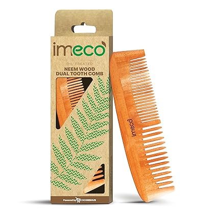IMECO Kacchi Neem Wooden Dual Tooth Hair Comb | Dandruff Control and Anti-Static | Hair Growth | Gentle Detangling to Reduce Hairfall (Dual Tooth)