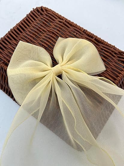 Luxury Handmade Organza Bow Hair Clip – Oversized Sheer Ribbon Hair Accessory for Women & Girls – Elegant Party (Pastel Yellow)