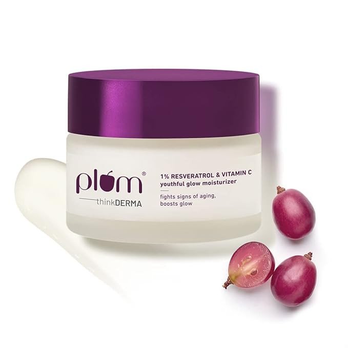 Plum 1% Resveratrol & Vitamin C Youthful Glow Moisturizer Cream | Fights Signs Of Ageing | Enhances Collagen Production | Boosts Glow | Lightweight & Quick-Absorbing | 100% Vegan | 50G