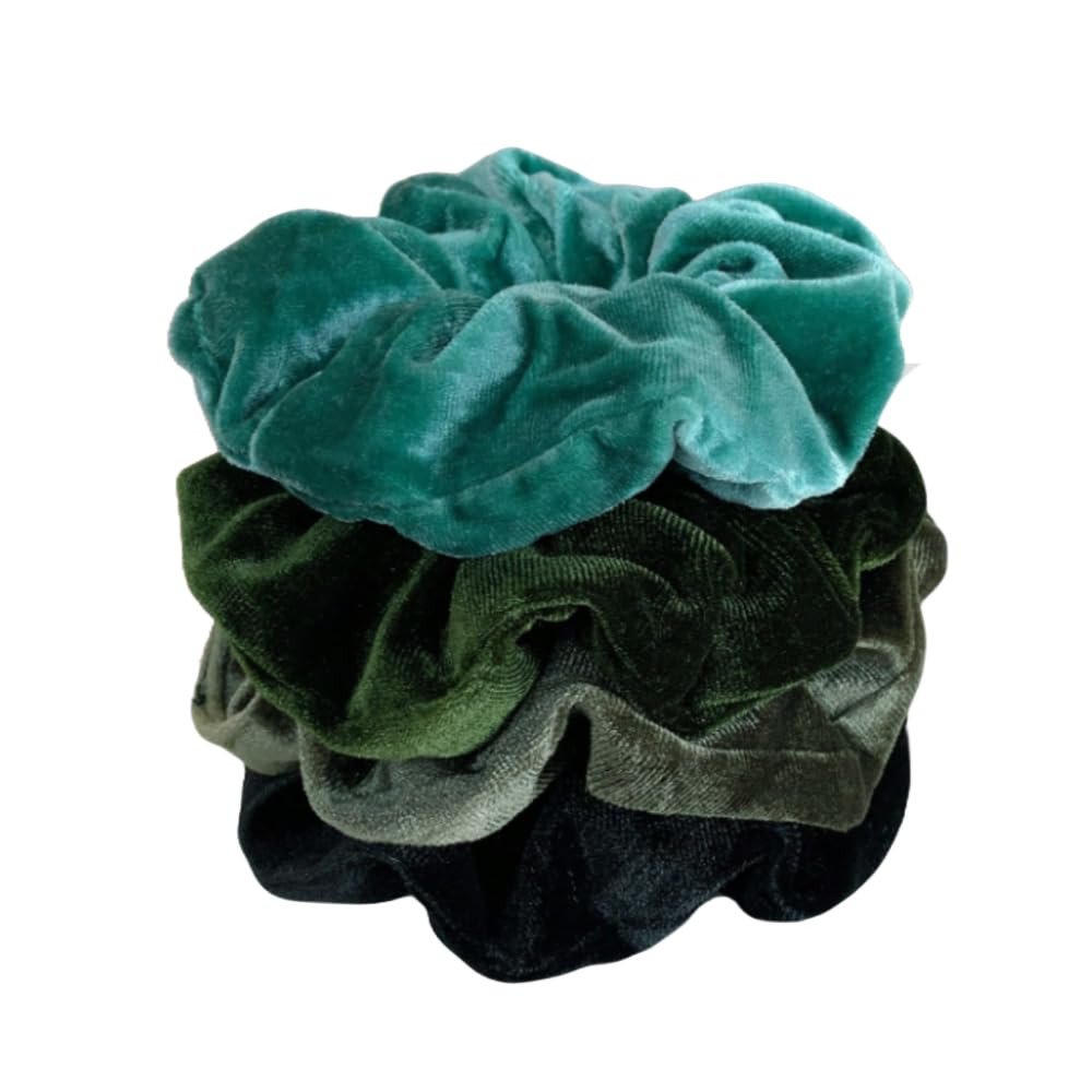 Luxury Velvet Hair Scrunchies for Women & Girls – Premium Soft No-Damage Hair Ties | Stylish Elastic Ponytail Holders (Green Shade Multicolor Pack of 4)