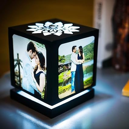 Acrylic Gift for Wife-Nostalgia Flora-Rotating LED Photo Lamp with 4 Photos|Customized Gift for Couple Special|Personalized Gift for Husband,Custom Photo Gifts (Black-Medium)
