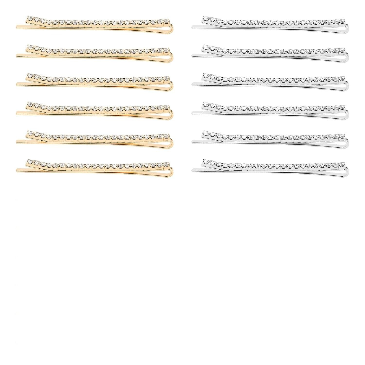 Hair Pins, Set of 12, Gold-Toned (6 PCS) and Silver-Tonned(6 PCS) Crystal Bobby Pins for Women, 7 cm Length, Decorative Hair Styling Accessories (Multicolor)