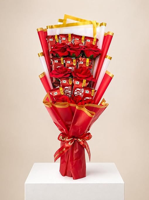 Elegant Artificial Red Rose & Chocolate Bouquet Gift with Birthday Card – Perfect for Celebrations & Best Wishes (Full Size, Someone Special Birthday Card)