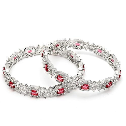 ZENEME Rhodium-Plated Silver Toned American Diamond Square Shaped studded Bangle Jewellery Set for Girls and Women (Set Of 2)