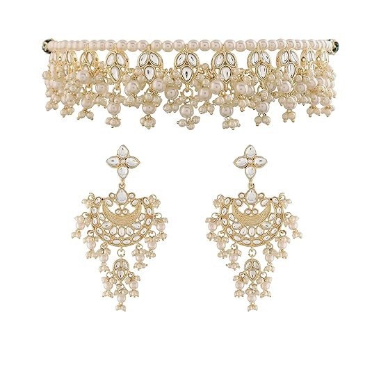 I Jewels 18k Gold Plated Traditional White Pearl & Kundan Studded Choker Necklace Jewellery Set For Women/Girls