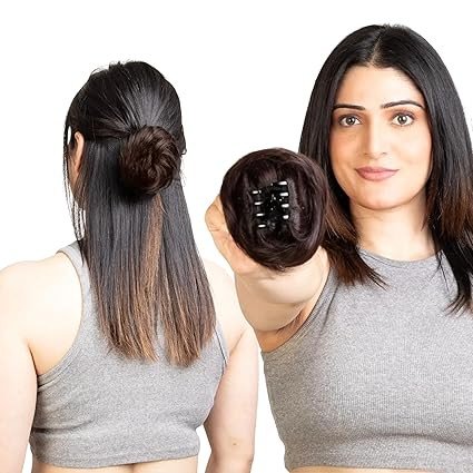 Clip In Hair Buns - Natural Human Hair Messy Juda Bun Hair Extension - Indian made Donut Scrunchies (Natural Black)