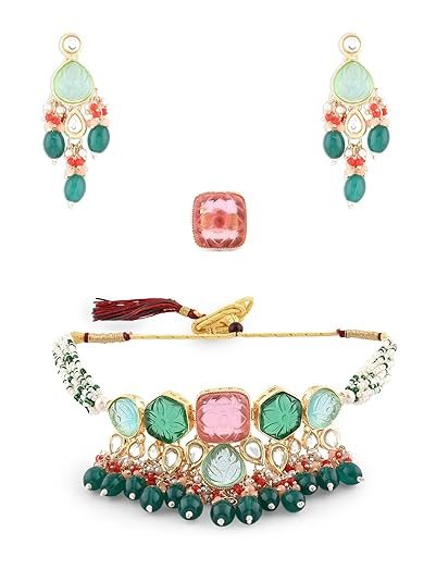 Multicolor Stones & Beads Multistrand Beaded Kundan Choker Necklace Earring & Ring Set For Women
