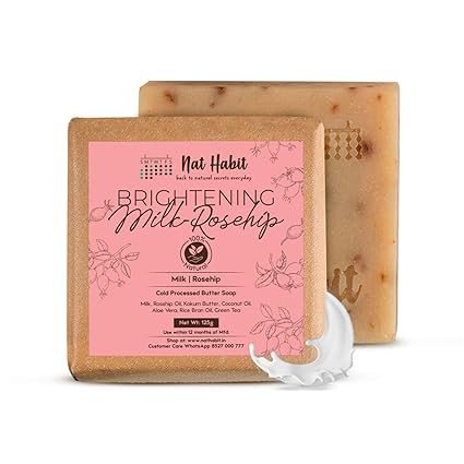 Nat Habit Brightening Milk-Rosehip Bath Soap With Ayurvedic Cold Processed & Vit C For Cleansing, Skin Whitening, Tan Removal & Scar Reduction (125gm)