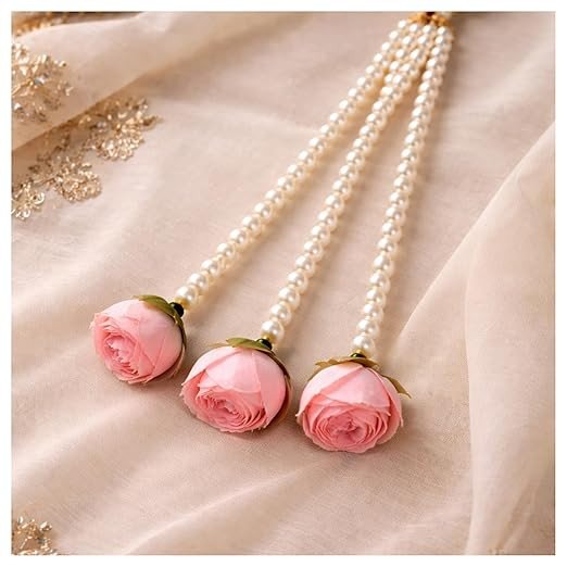 Bridal Pearl Hair Extension with Pink Roses, Traditional Indian Wedding Hair, 30cm Length, Decorative Faux Pearl Strands