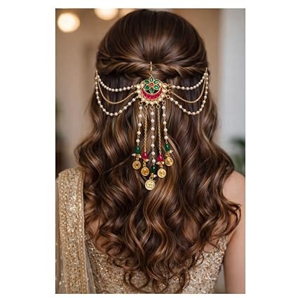 Traditional Indian Hair Jewelry Clip for Women | Bridal Hair Accessory with Pearl Chains & Kundan Design | Wedding, Festive & Party Hair Pin
