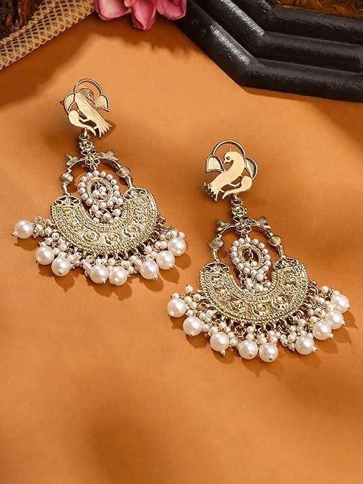 Ethnic Gold Plated Enamel Handpainted Design Stones Beads Traditional Chandbali Earrings for Women and Girls