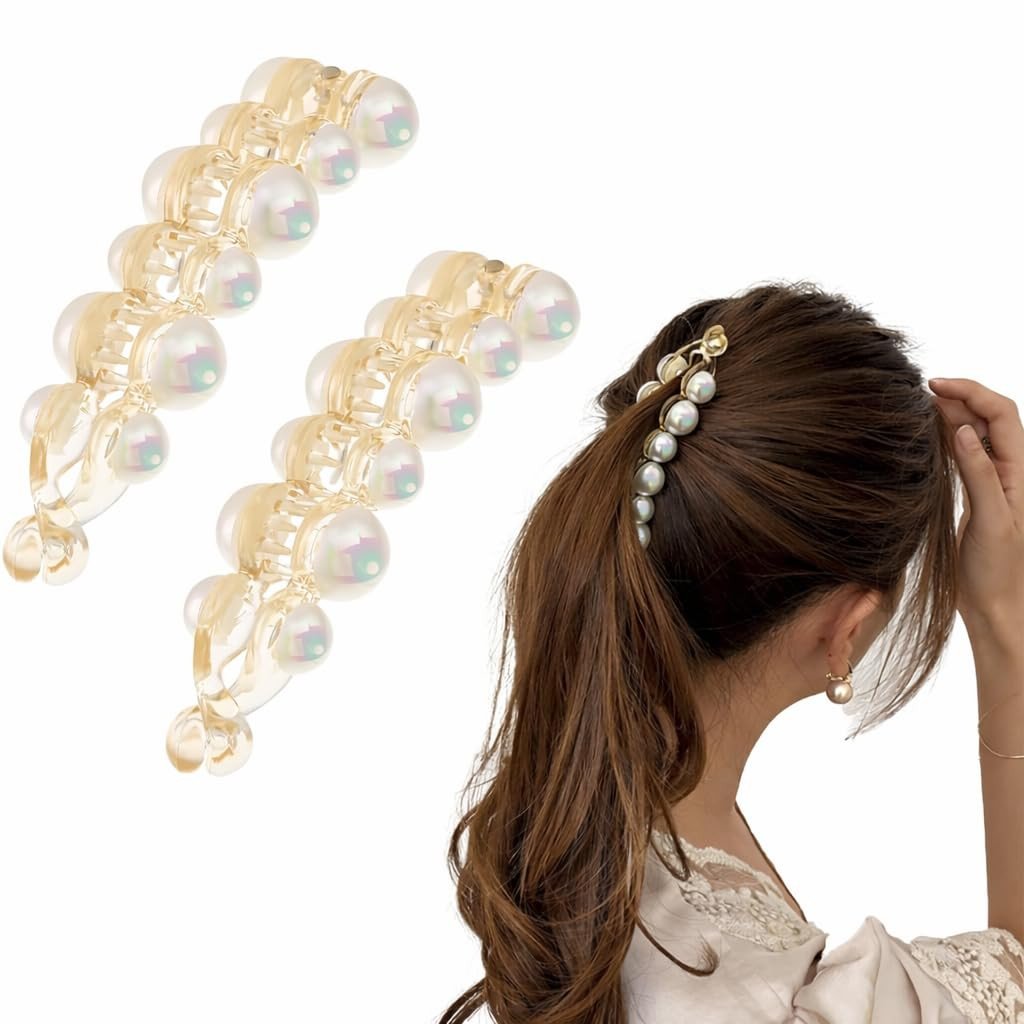 Banana Clips Hair 2 Pcs Clips for Thin Hair Women Non Slip Banana Clip Strong Hold Ponytail Clip Fine Hair Accessories for Women (Pearl)