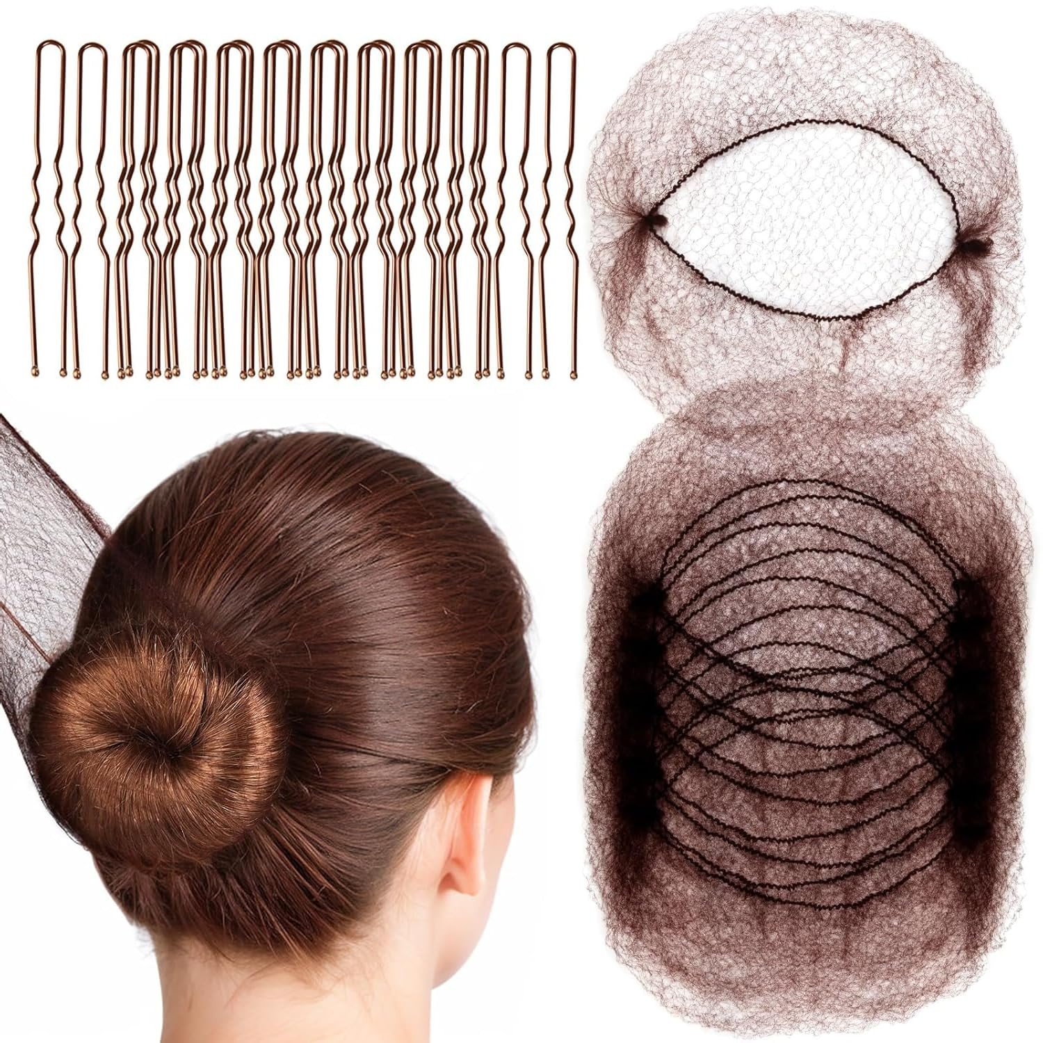 Hair Accessories Set with 20PCS Invisible Mesh Hair Nets and 40PCS Brown U-Shaped Hair Pins for Women and Girls Ballet Bun Maker, Hair Bun Net Cover, Juda Net for Bun Fixing