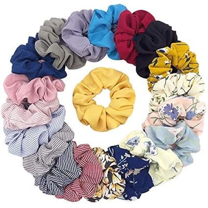 14 Colors Hair Scrunchies - Chiffon Flower Hair Bow Ponytail Holder, 8 Floral and 6 Solid Colors for Women (STYLE 1) Multicolor