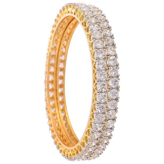 Ratnavali Jewels American Diamond Gold Plated Traditional Bangle CZ Bangle Set White Diamond Bangles Set for Women