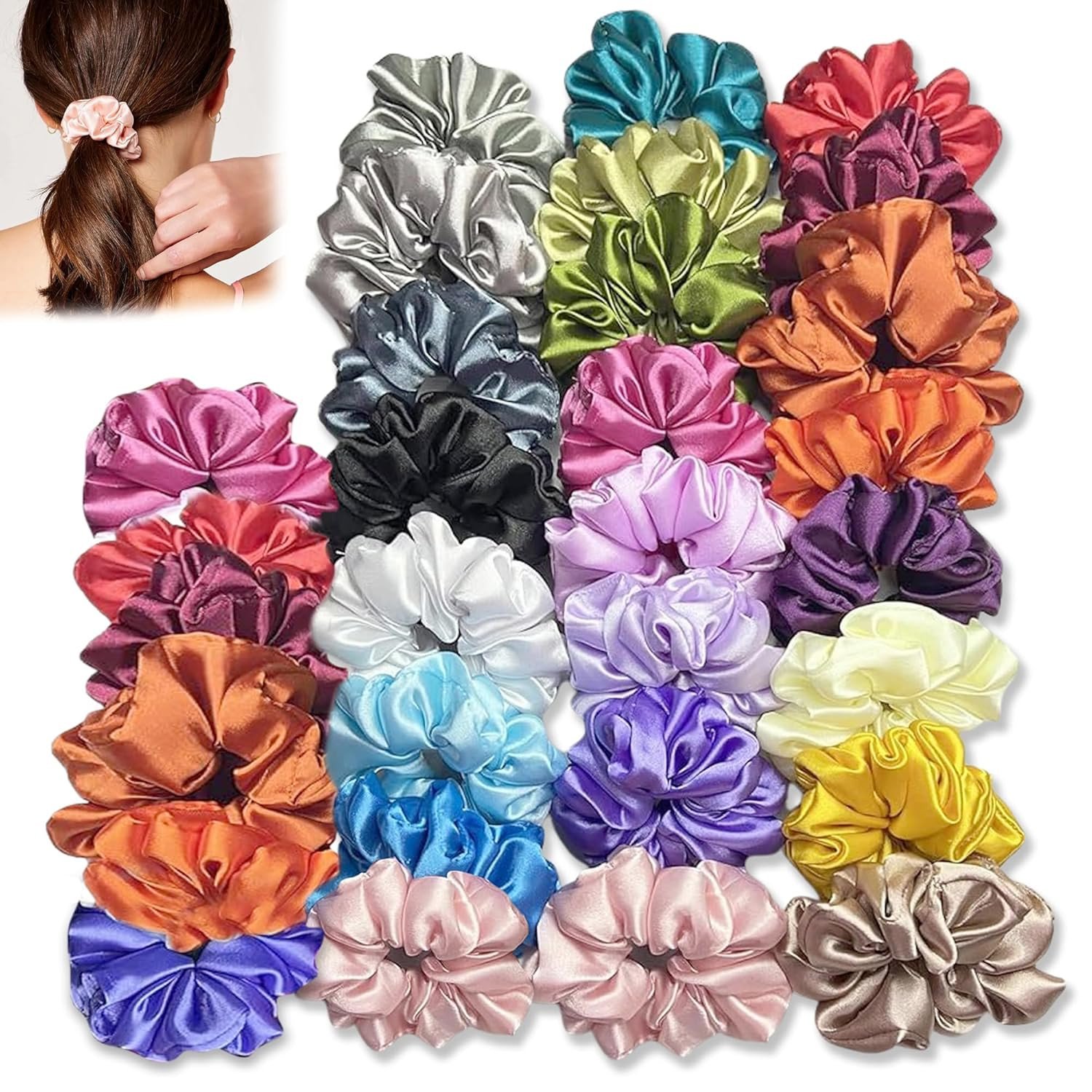 Satin Scrunchies for Women, Pack of 24 Soft Scrunchies, Premium Multicolour Satin Scrunchie Ponytail Holder for Women & Girls, Elastic Hair Ties for Long Fine & Thick Curly Hair