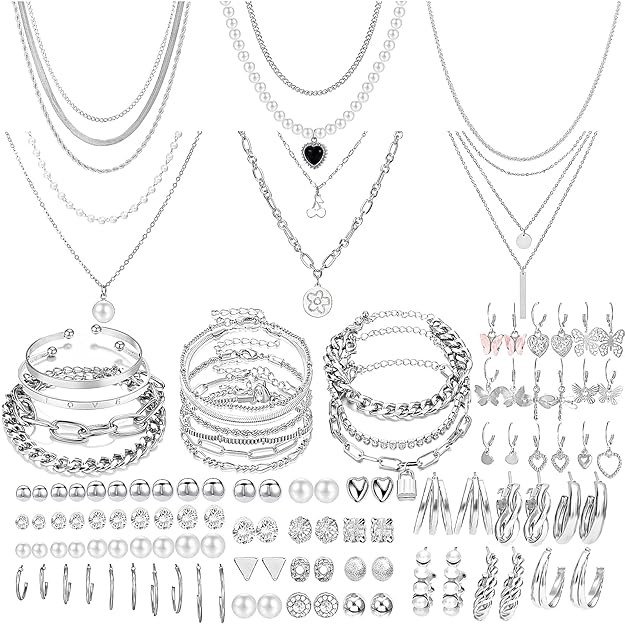 NEWITIN 69 Pieces Gold Jewelry Set for Women Fashion Costume Jewelry Gold Plated Necklace Bracelet Gold Earrings Set for Women