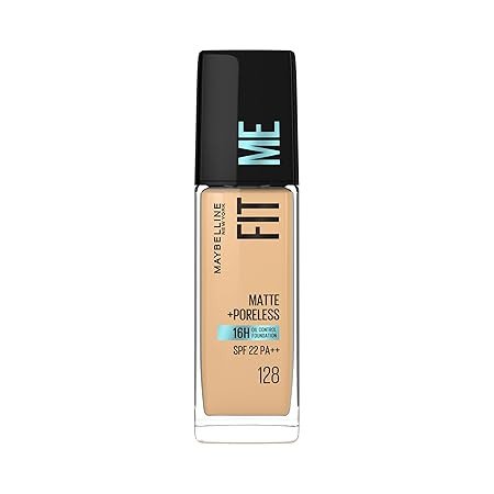 Maybelline New York Liquid Foundation For All Skin Type,Full Matte Finish, With SPF, Absorbs Oil, Fit Me Matte + Poreless, 128 Warm Nude, 30 Ml