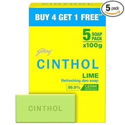 Cinthol Lime Bath Soap - 100g (Pack of 5) | Lemony Deo Fragrance | Grade 1 Soap | For All Skin Types