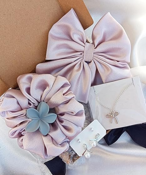 Gift Hamper for girls & women - Lavender Edition consists of - A Bow (tail one), scrunchie,random claw clip, pendent, bow-shaped earrings