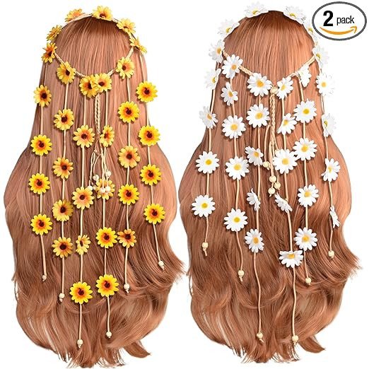 Sucrain 2pcs Floral Headband Summer Sunflower Headdress Hair Accessories Wreath Bridal Headband Bohemian Beads Adjustable Headpiece for Women Girls Photo Prop (Yellow White)