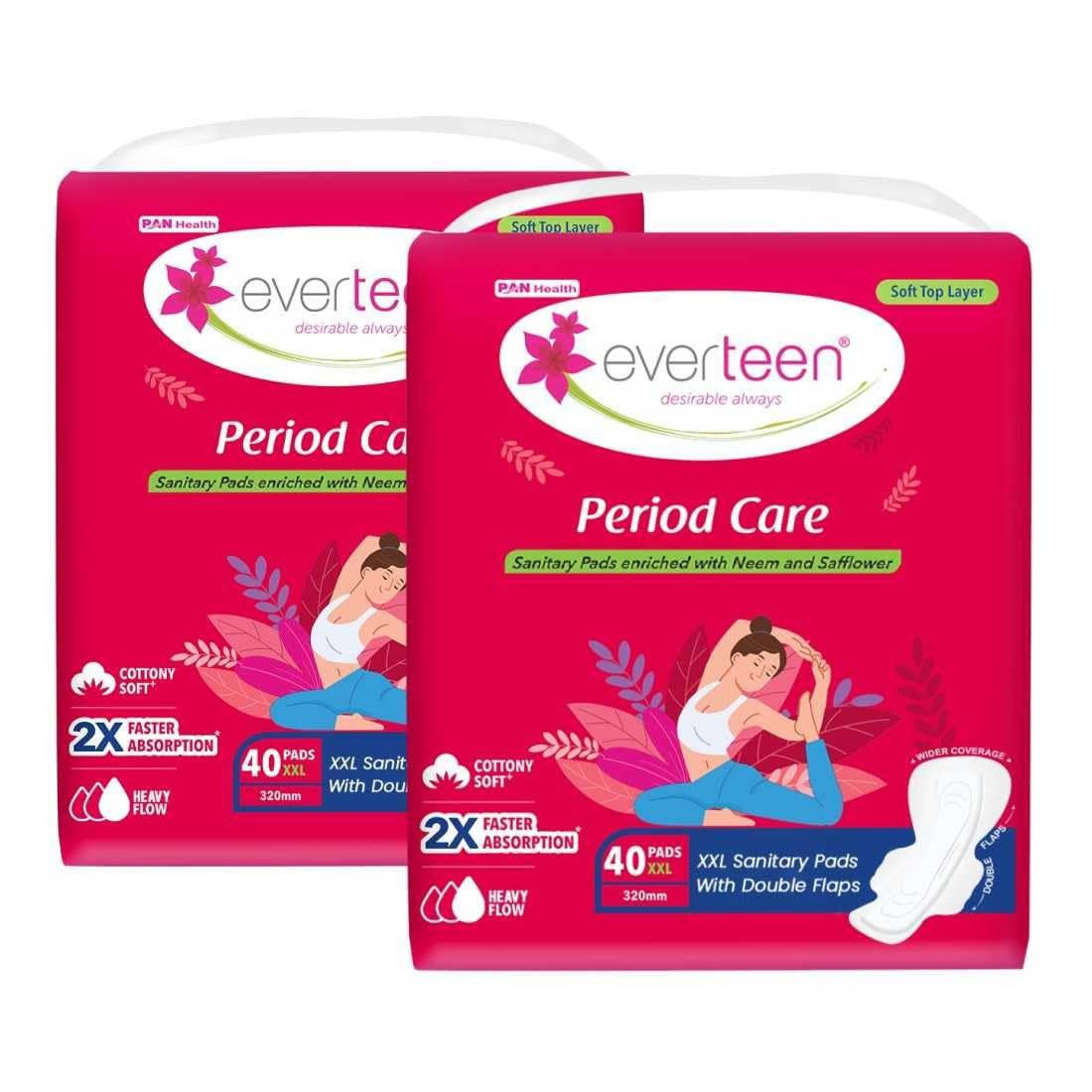 everteen Sanitary Pads XXL for Women 80 Pads, Cotton Soft Sanitary Napkin XXL 320mm, Extra Long Pad for Heavy Flow, Wider Back Coverage for No Stains, Rash Free 8 Layer Protection (40 Pads Each) Pack 