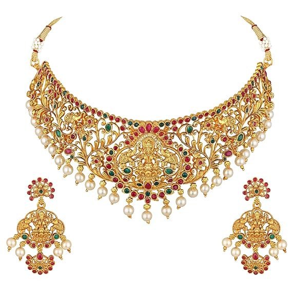 Latest Stylish Fancy Pearl Choker Traditional Jewellery Set for Women | Temple Necklace Set | Festive Wedding Party Necklace | 22k Gold Plated | Just Like Original Gold Jewellery