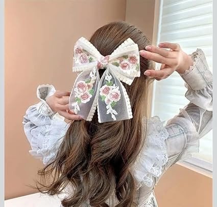 Big Lace Bow Hair pin For Women Flower White Bow with Foral Embroidery For Girls Clips in Function Party Headpin White Hair Accessories Best Gift (Pack of 1)