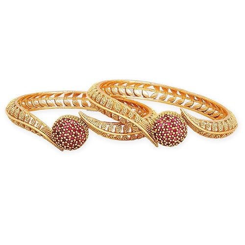 ACCESSHER Gold Plated Pink & Green Artificial Stone-Studded Bangles for women and girls (Set of 4)