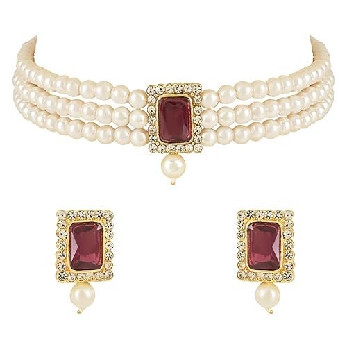 I Jewels Gold Plated Traditional Stone Pearl Choker Necklace Jewellery Set For Women