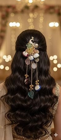 Peacock Hair Pin with Pearl, Multicolor Shell Charms, Dangling Chains, Gold Tone, Traditional Bridal Hair Accessory