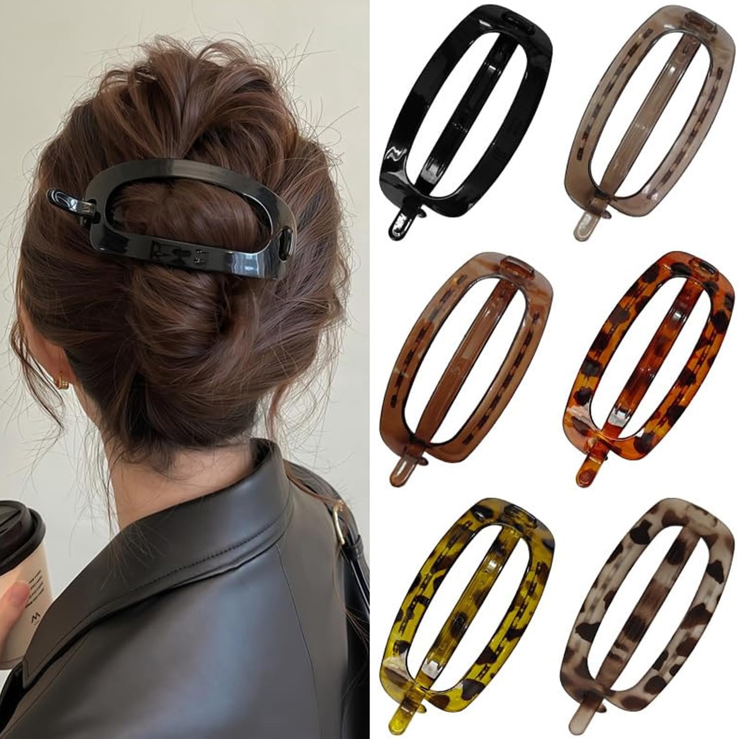 6PCS Oval Hair Clip Set for Women – Full-Volume Back Bun Clamps, Elegant French Barrettes, Bobby Pins & Twist Clips, Non-Slip Hair Accessories for Thick Hair, Stylish Updo Tools