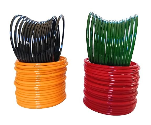 SPARSHIKA 80 Glass Bangles Set for Women & Girls | Multi color Traditional Kanch Ki Chudi | Plain Bangle Red, Green, Yellow, Maroon & Black | Bridal Wedding Festival Bangles |