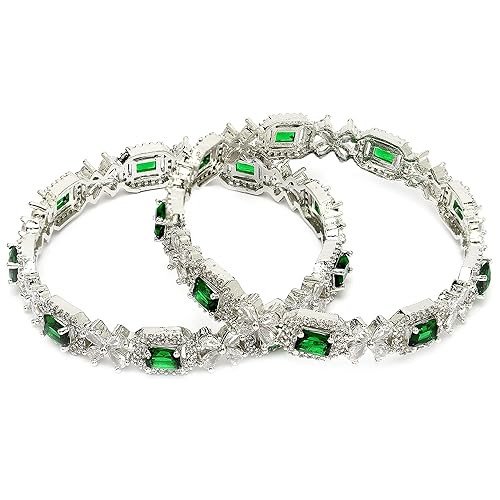 ZENEME Rhodium-Plated Silver Toned American Diamond Square Shaped studded Bangle Jewellery Set for Girls and Women (Set Of 2)