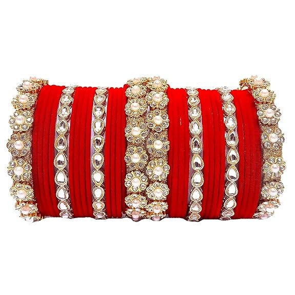 Traditional Metal Bangles Velvet Red Chuda Set for Bridal Women & Girls | Designer Kundan & Pearl Chooda | Ethnic Fashion Jewellery Bangles for Weddings, Festive, Occasions- Set of 32