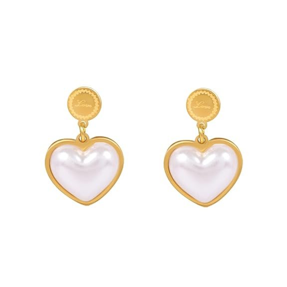 NAITRA Gold Plated Pearl Heart Drop Earrings for Women