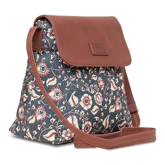 Zouk Women’s Printed Sling Bag with Vegan Leather Flap | Chittoor Blue Kalamkari