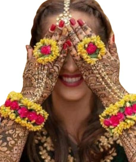 Flower Bracelets with Attached finger Rings(adjustable). 2 Items Hand Jewelry Set For