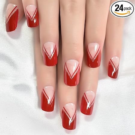 Gush Beauty Press On Nails | Reusable Nail Extensions | Artificial Fake Nails Set | For women (Red Edge - Medium Square)