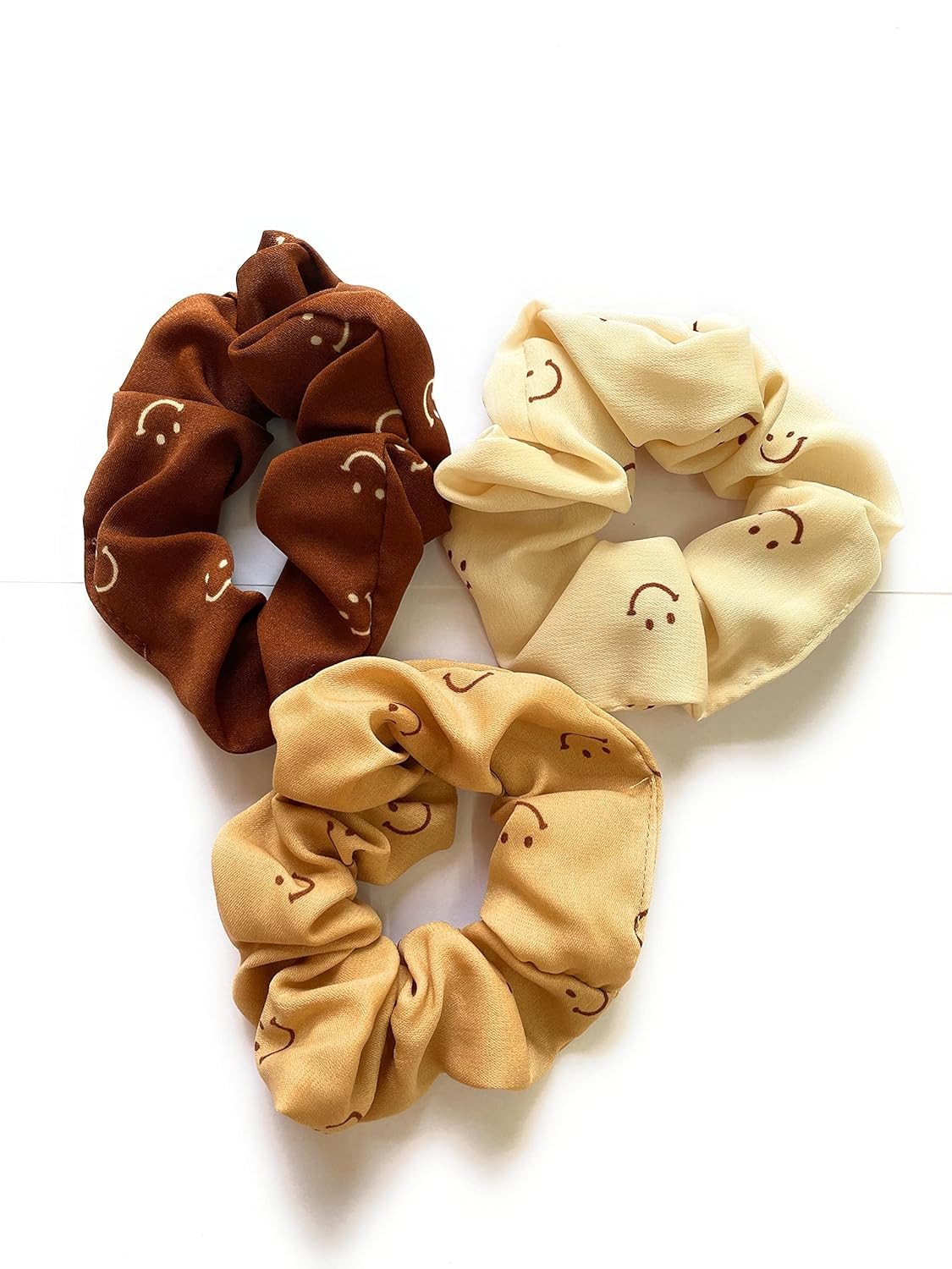 Fabric Printed Scrunchies Combo Set of Mix Colour Ponytail Holder Hair Tie Hairband Hair Accessory for Women and Girls (Coffee Smiley Set 3 Pcs)