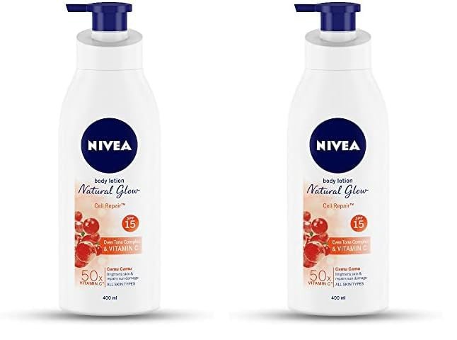 Nivea Body Lotion Natural Glow, Cell Repair, Spf 15 & 50X Vitamin C 400ml (Pack of 2)